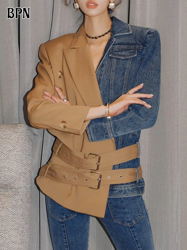 

BPN Vintage Patchwork Denim Jackets For Women Notched Collar Long Sleeve Spliced Belts Hit Color Autumn Coat Female Clothing New