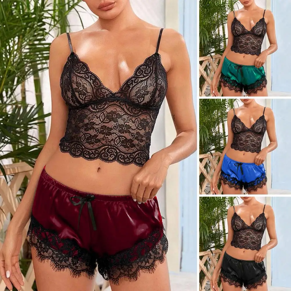 

2Pcs Sexy Pajama Set Women Sexy Lace Patchwork Satin Silk Spaghetti Strap Top Hot Shorts Pajama Women Sleepwear Femme Pijamas