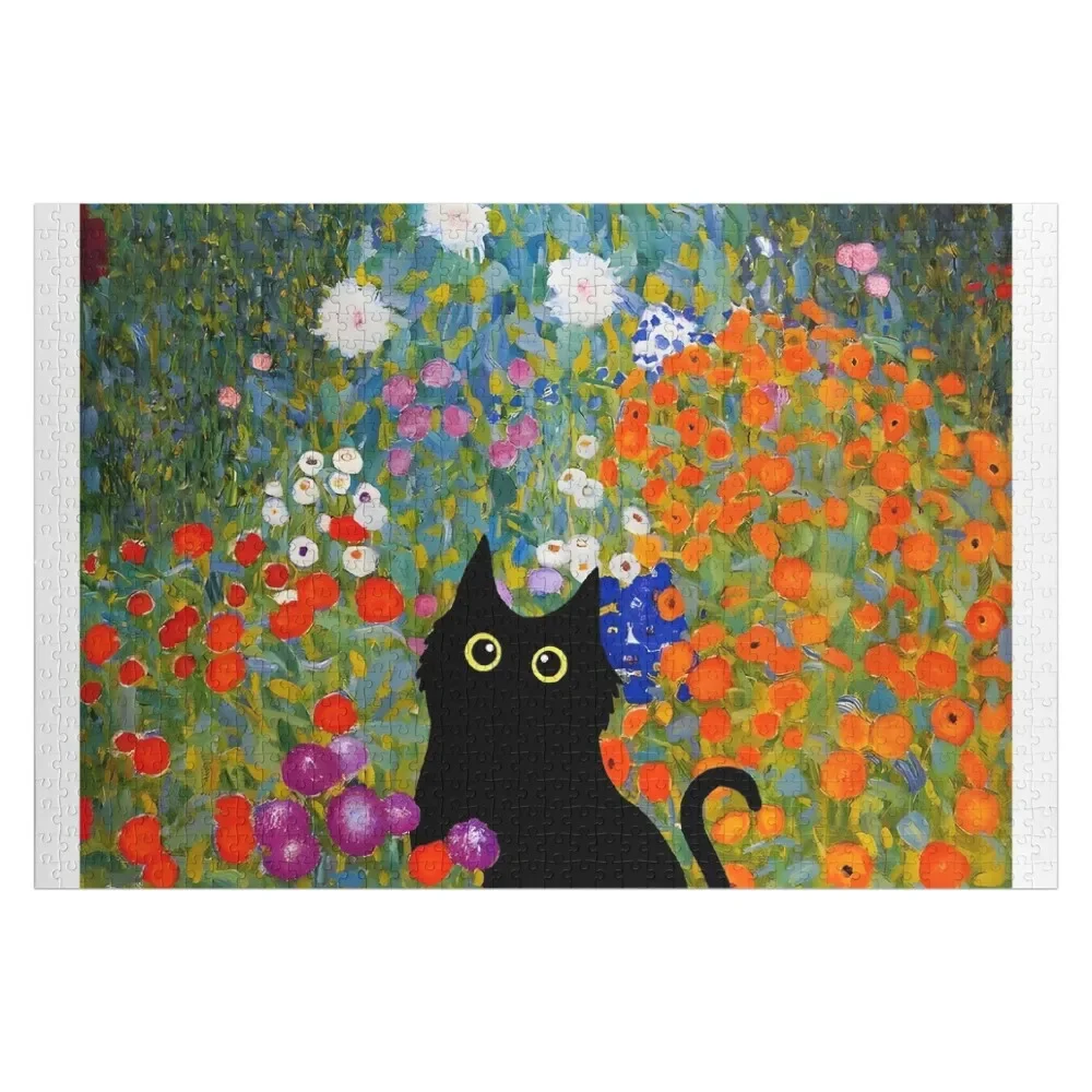 Black Cat in Flowers Garden Gustav Klimt Jigsaw Puzzle Custom Wood Christmas Toys Custom Gift Jigsaw Pieces Adults Puzzle