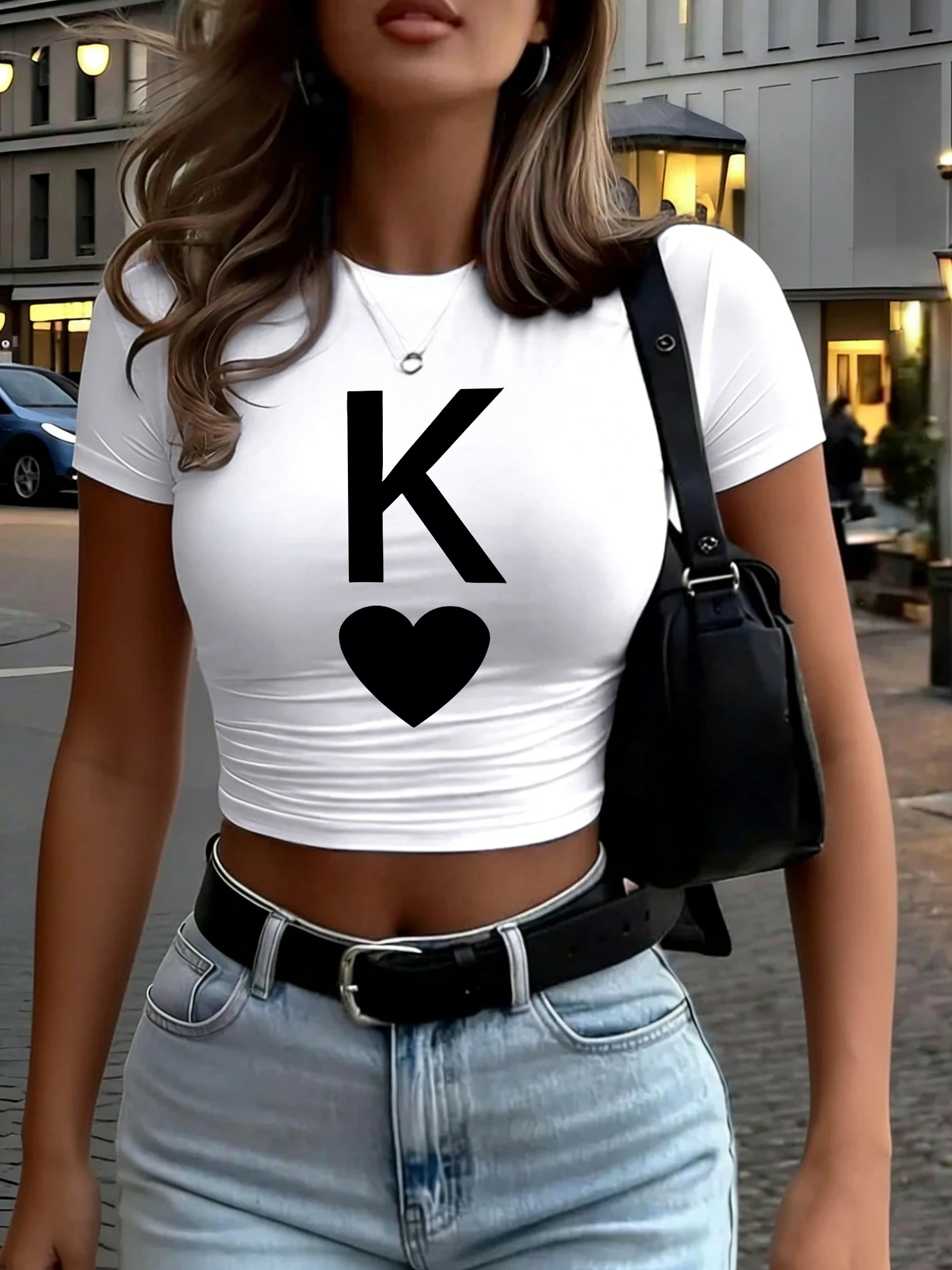 Art Love K Buchstabenmuster Damen Crop T-Shirt Sommer Rundhalsausschnitt Kurzarm Y2K Enge Casual Streetwear Yoga Damen T-Shirts – Detail 9
