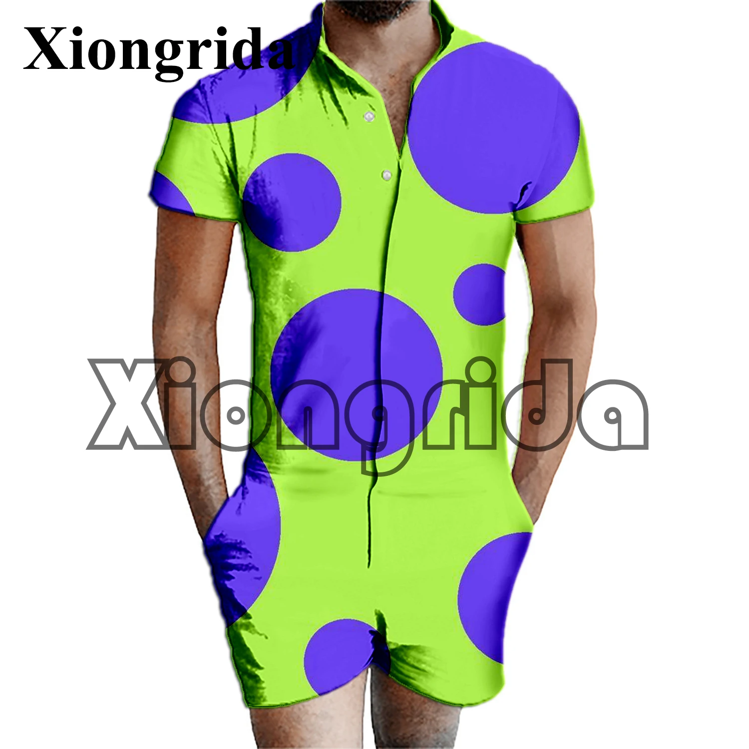 

Men’s Jumpsuits Polka Dot Print Rompers Shorts Fashion 3D Colorful Dots Print Playsuit Overalls Casual One Piece Shorts Summer