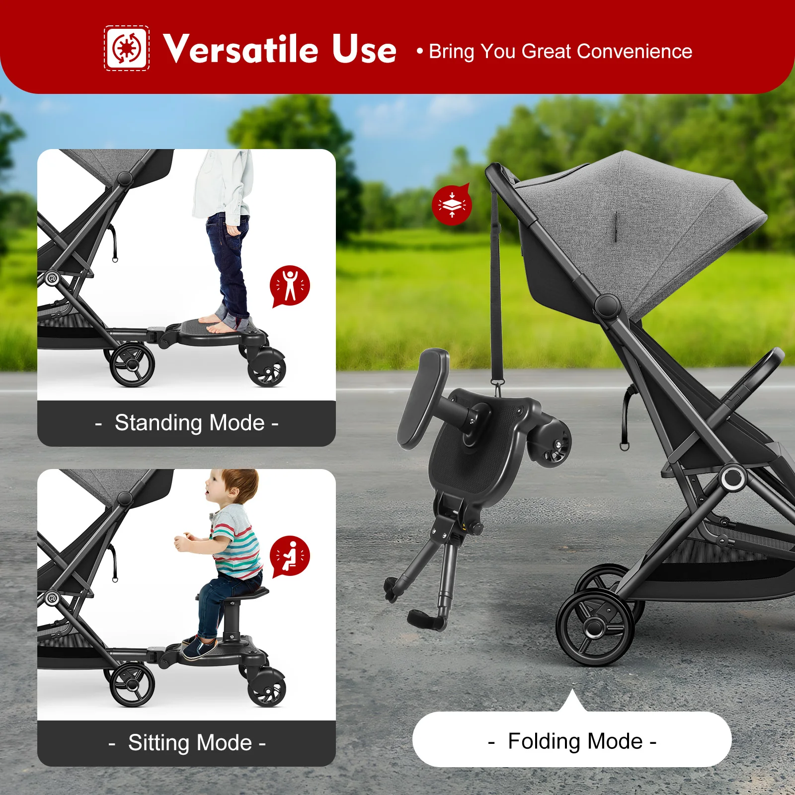 Adjustable 2-in-1 Stroller Ride-On Board with Removable Seat