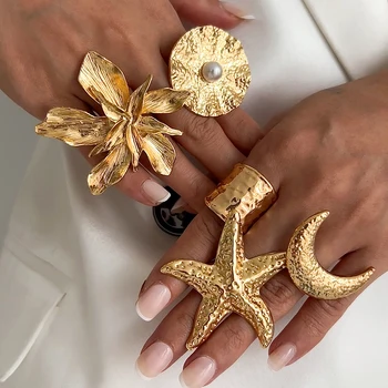 Salircon esagerato vintage grande stella marina luna fiore anello per le donne tendenza personalità metallo punk partito anello di barretta gioielli 1