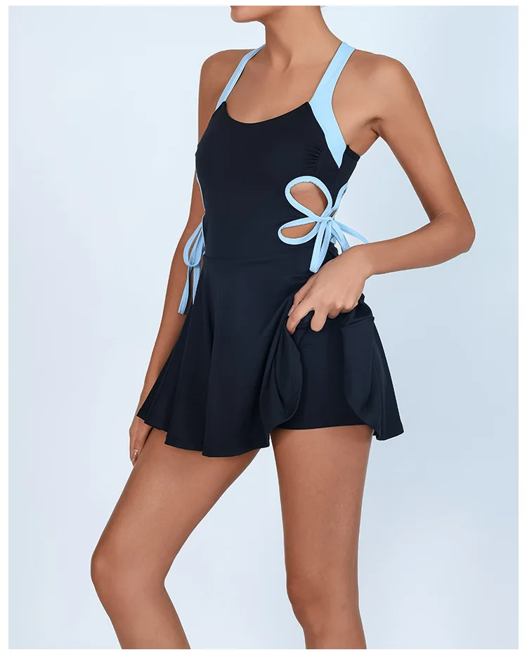 Mermaid Curve Tennis Skirt Yoga Dress with Chest Pad Contrasting Color Hollow with Leggings Anti-running Fitness Skirt
