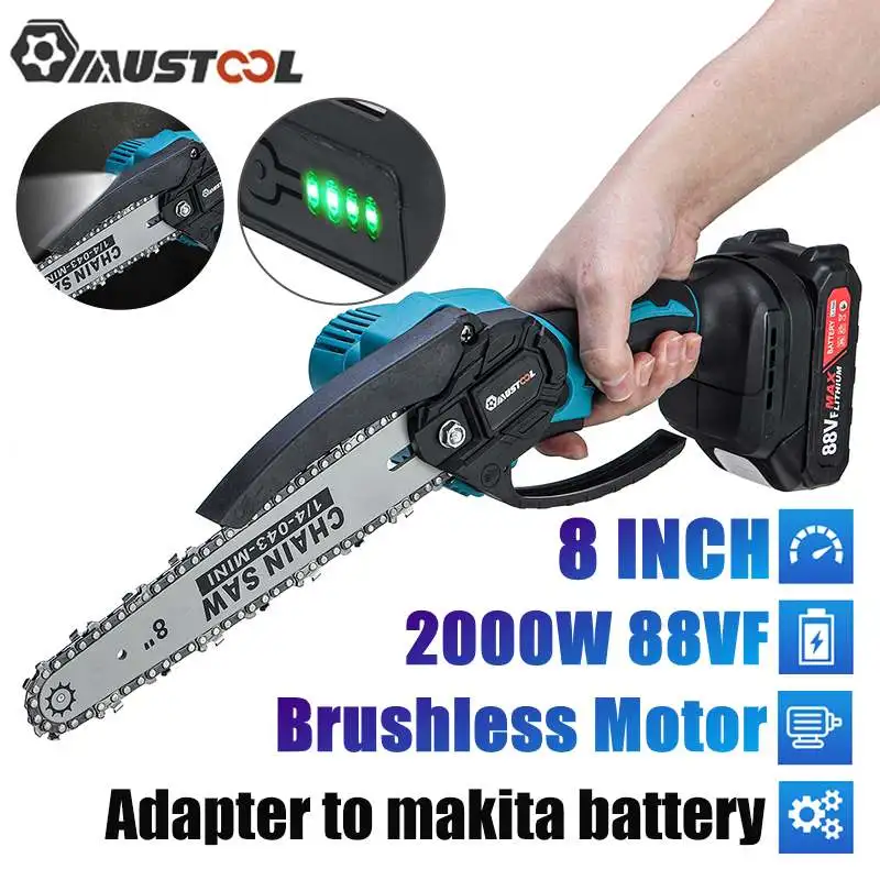 

2000W 8 Inch 88VF Brushless Mini Electric Chain Saw Handheld Pruning Chainsaw Woodworking Electric Saw Cutting Power Tools