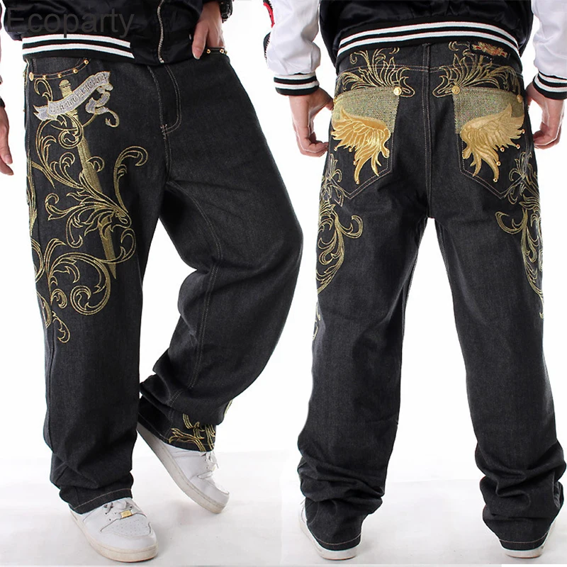 

2023 Men's Loose Jeans Hiphop Skateboard Denim Pants Fashion Embroidery Streetwear Male Trousers Black Straight Leg Pants
