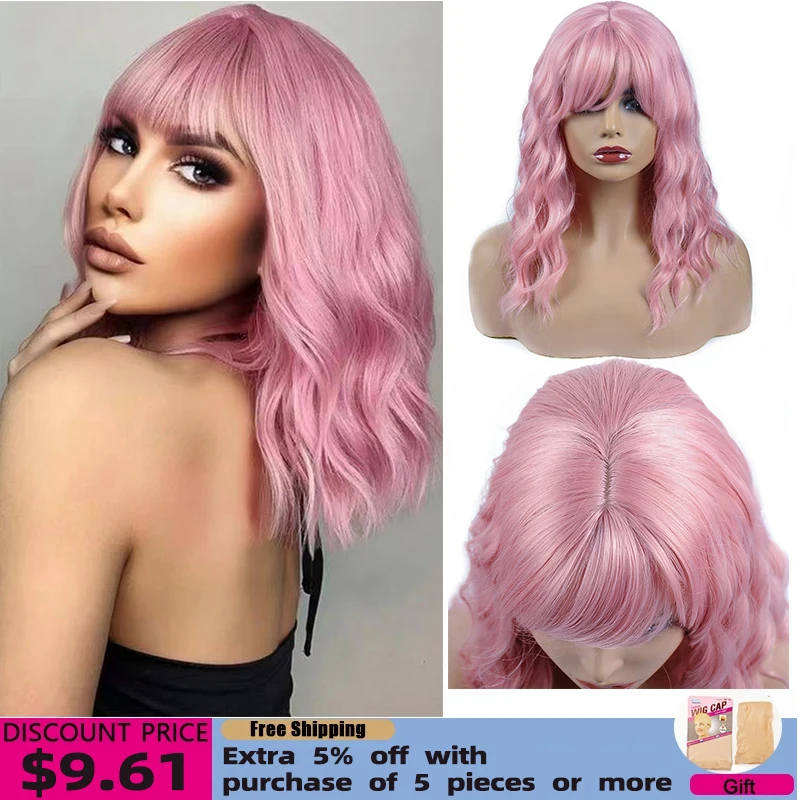 

Short Bob Wavy Wigs Pink Wigs with Bangs Natural Hair Synthetic Shoulder Length Wig Daily Cosplay Use Heat Resistant
