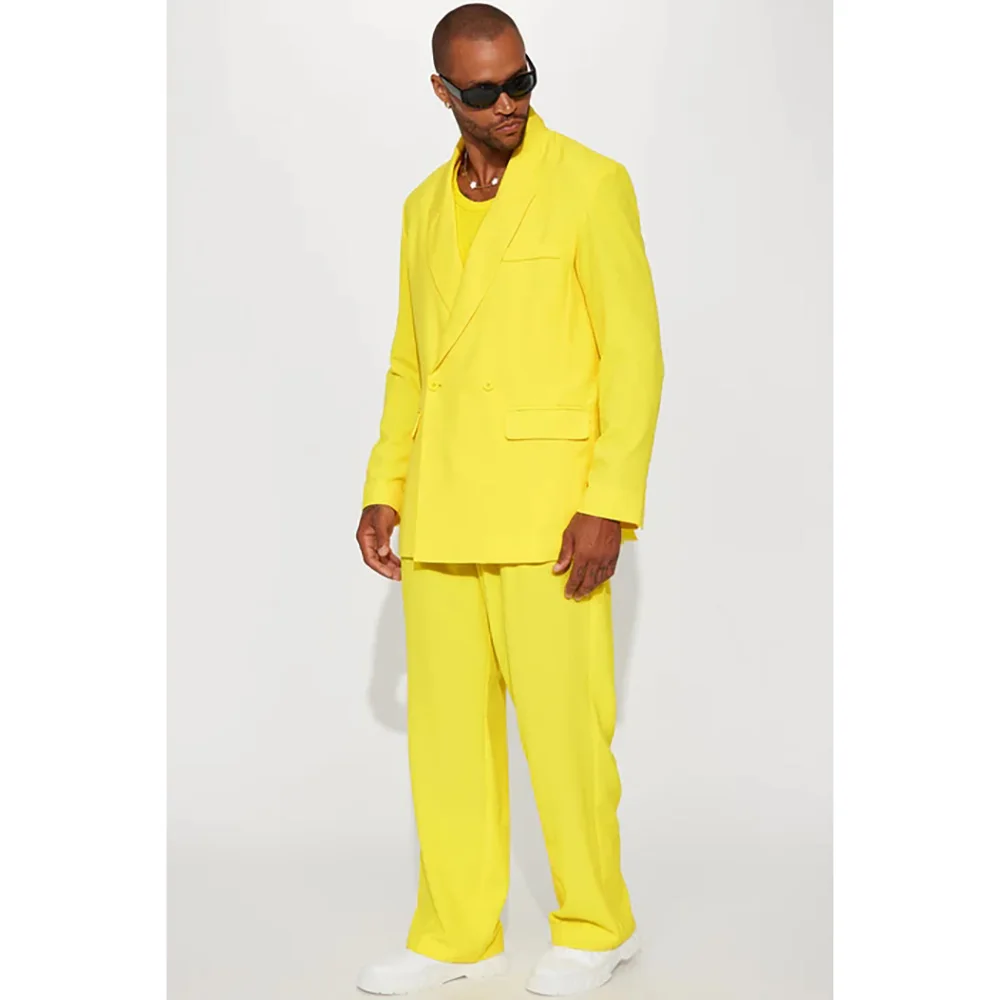 Yellow Men Suits Double Breasted Peak Lapel Elegant Prom Party Full Set High Quality Male Clothing Tailor 2 Piece Jacket Pants