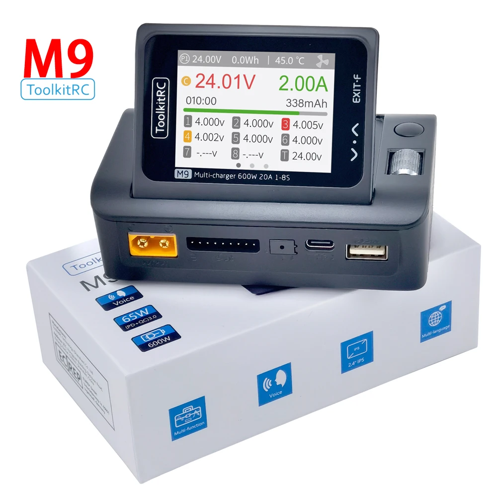 ToolkitRC M9 600W 20A USB Schnellladung DC Smart Ladegerät Einstellbarer Bildschirmwinkel mit Audiofunktion für 1-8S Lipo LiFe Akku 1S 2S 3S 4S 5S 6S 7S 8S Modell Autobatterien Schnellade Deutsch