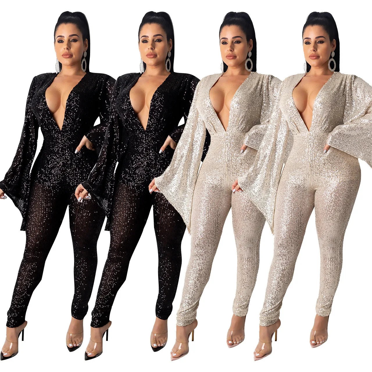 Fashion sexy solid color mesh nightclub party party club sequin wide sleeve deep v jumpsuit