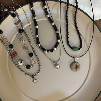 2 pezzi collane con ciondolo con fibbia della pace vintage perline di pietra naturale catene collana girocollo set donna uomo gioielli in stile cinese 1