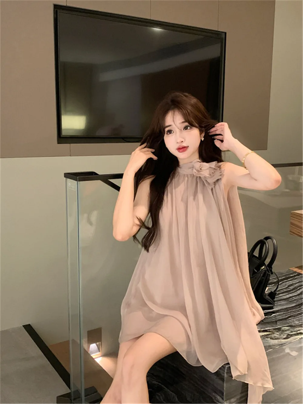 

Mesh Draped Dress Women's Summer 2023 New A-line Dresses High Quality Irregular Temperament Dress