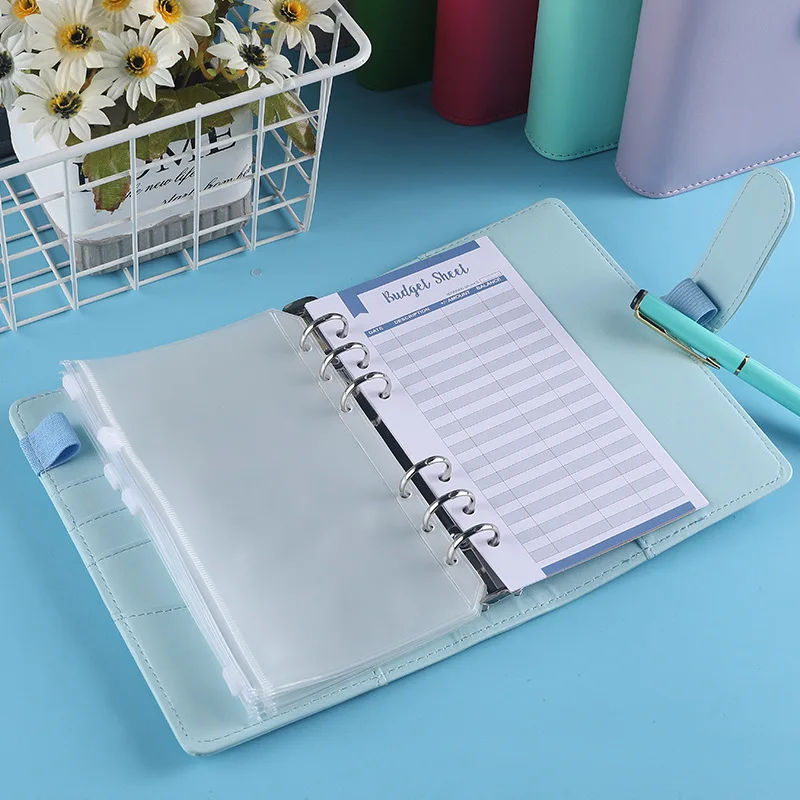 PU 가죽 노트북 바인더 DIY 플래너 오거나이저, 8 지퍼 포켓, 12 개, 예산시트, 2 개 프랑스 알파벳 스티커, A6 바인더