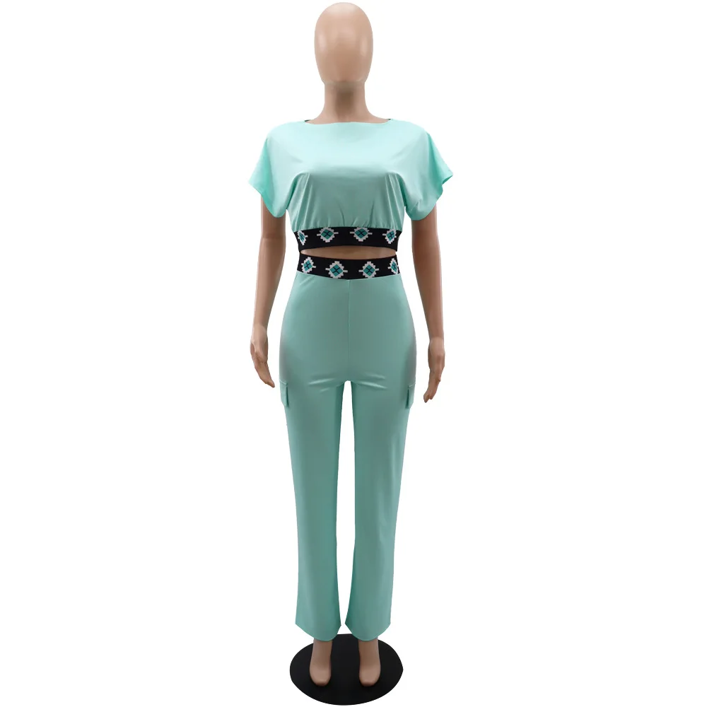 Summer Fashion Casual Two Piece Set African Women Casual Bat Sleeve Short Tshirt Pocket Straight Leg Pants Two Piece Set Women