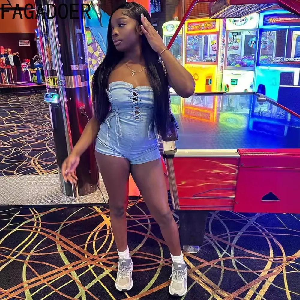 FAGADOER Fashion Denim Splicing Hollow Bodycon Rompers Women Off Shoulder Sleeveless Backless Lace Up Jumpsuits Summer Overalls