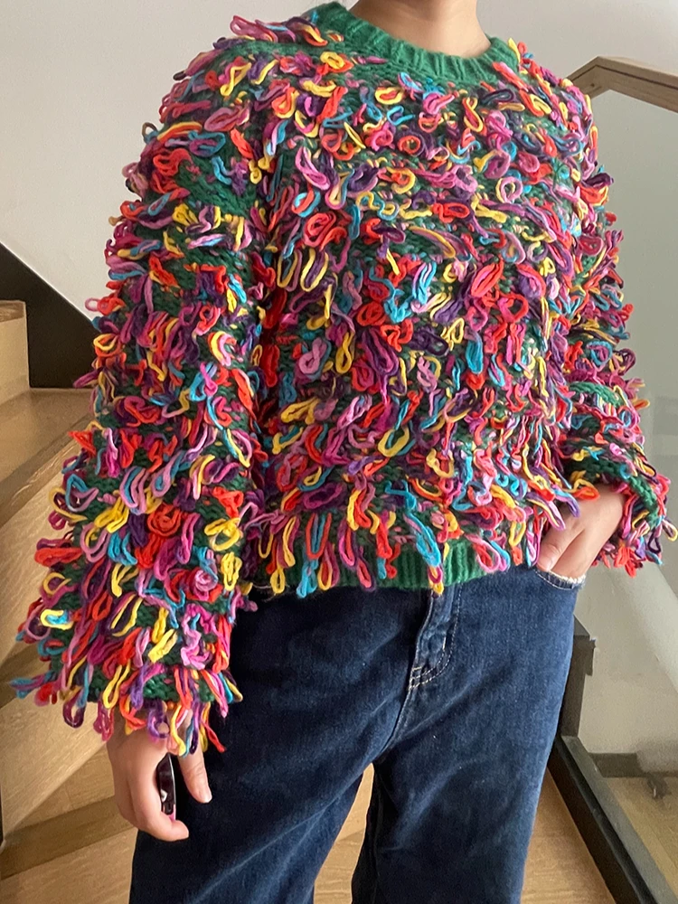 Colorful Loop Women Fringe Sweater Chunky Handcrafted Rainbow Yarn