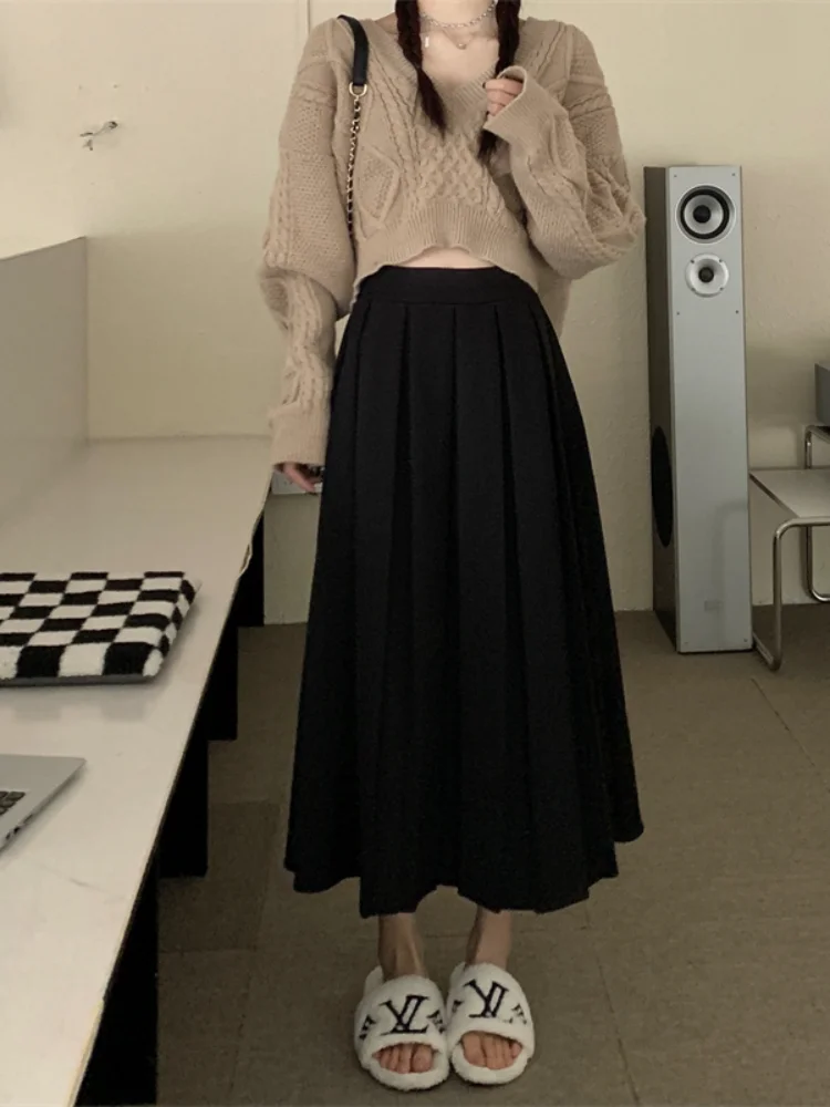 

DEEPTOWN Long Pleated Skirt Women Elastic Waist A-line Slim Vintage Korean Style Midi School Skirt Autumn Casual Fashion