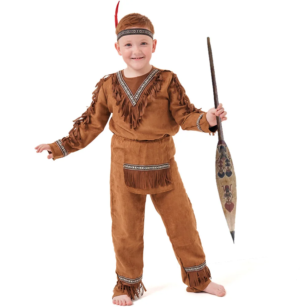 Kids Cosplay Costume Kids Halloween Native Costume Boys Brown Color American Indian Tribal Warrior Outfits