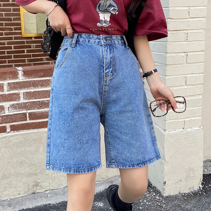 Ailegogo New Summer Women Vintage Wide Leg Straight Denim Shorts Streetwear Female Loose High Waist Retro Ladies Jeans Shorts zara shorts