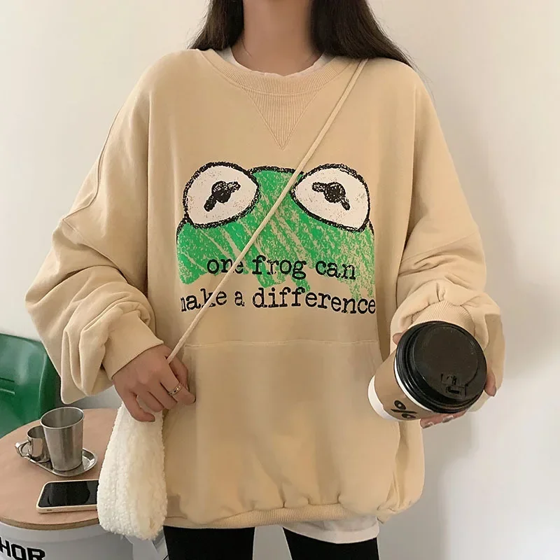 Cute Frog Printed Pullovers Women O-Neck Thin Loose Casual Sweatshirts with Big Pocket Spring Autumn Mid-Length Leisure Pullover