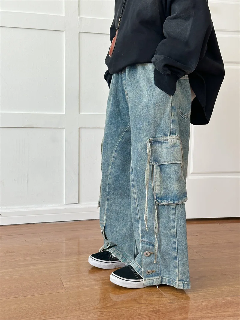 Children Clothing Kids Casual Pants 2024 Spring New Fashionable Korean Style Denim Overalls Boys Girls Vintage Wide-leg Pants