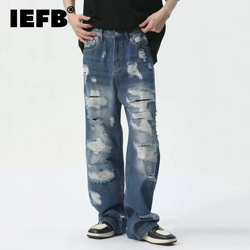 

Новые мужские джинсовые брюки IEFB в стиле хип-хоп, джинсы с прямыми штанинами, тренд 2024, летние мужские свободные брюки на молнии с дырками и карманами, 9C5417