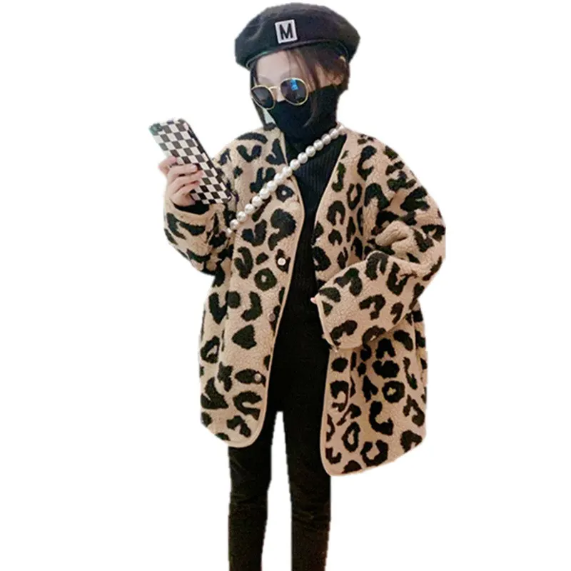 

Young Girls Fashion V-Neck Leopard Print Cardigan Autumn Winter Woolen Fur Jackets Children Streetwear Outerwear Korean Clothing