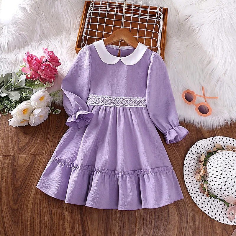 

Laura Kors 2023 Winter New Girls Dress Long Sleeve Turn-down Collar Lace Purple Girls Dress Vestido 18M-7T