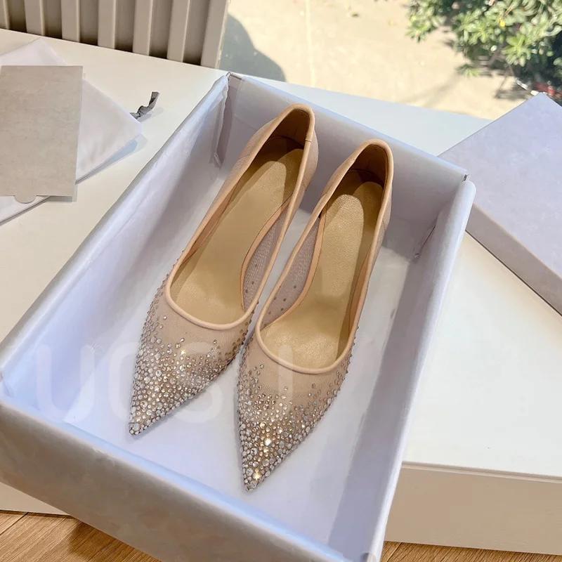New Spring and Summer Women High Heels Designer Mesh Luxury Full Crystal Pointed Toe Shoes High Medium Heel Flat Dress Shoes