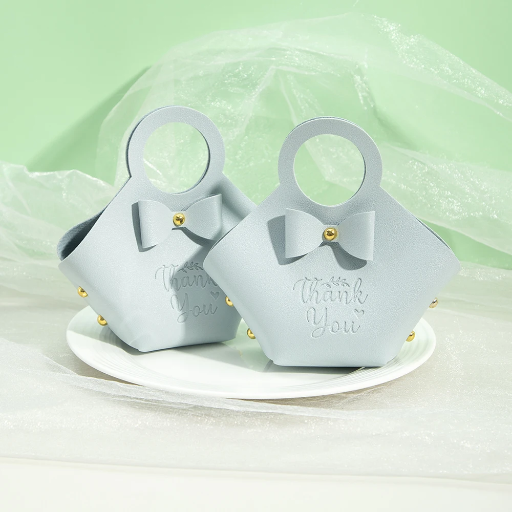 PU Leather Bowknot Candy Gift Bags With Thank You Logo Wedding Party Favors Package Bags for Baby Showers Birthday Christmas
