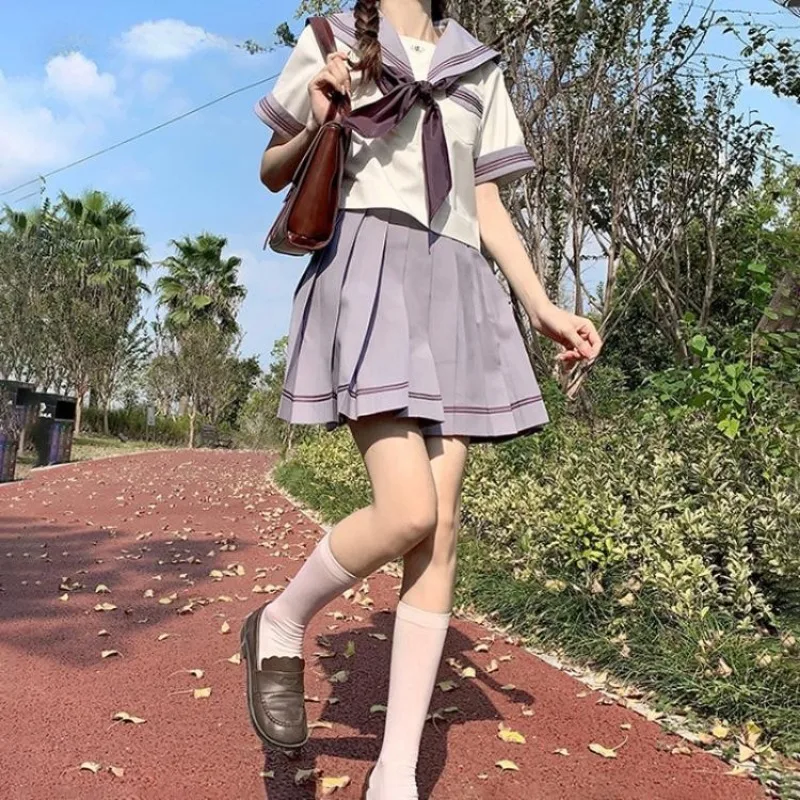 Japanese Uniform JK Grey Purple Top Summer Sailor Collar Vintage Sweet White Short Sleeved Shirt And Mini Skirt Two Pieces Sets
