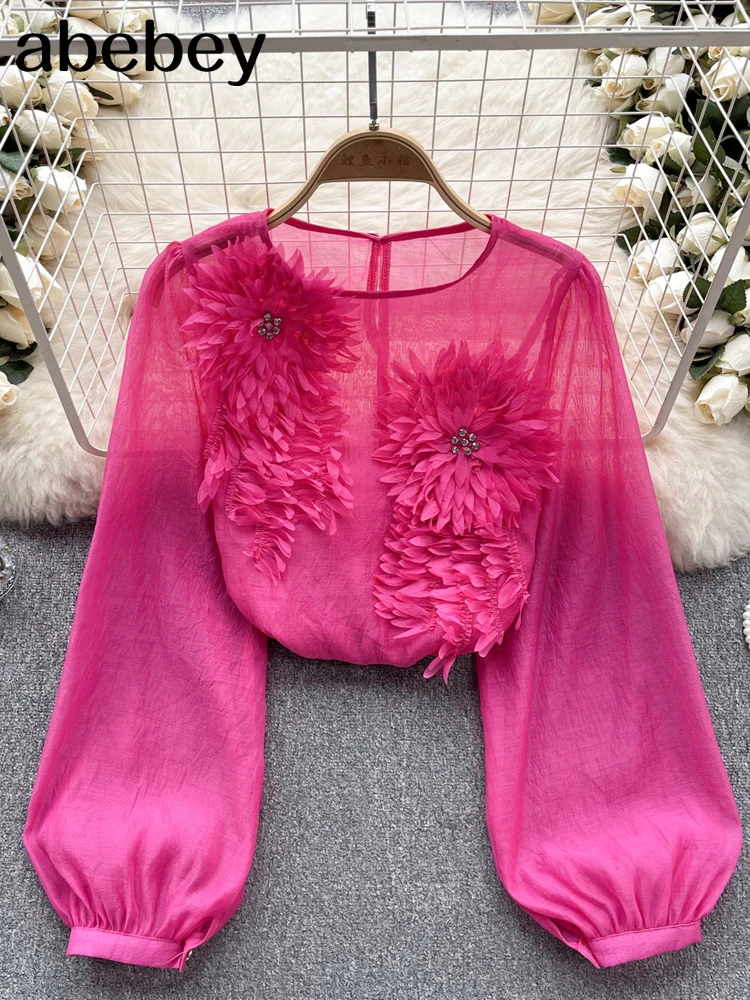 

Spring Loose Satin Blouse Women O Neck Long Sleeves Sheer Bohemian Top 2024 Transparent 3D Floral Casual Shirt