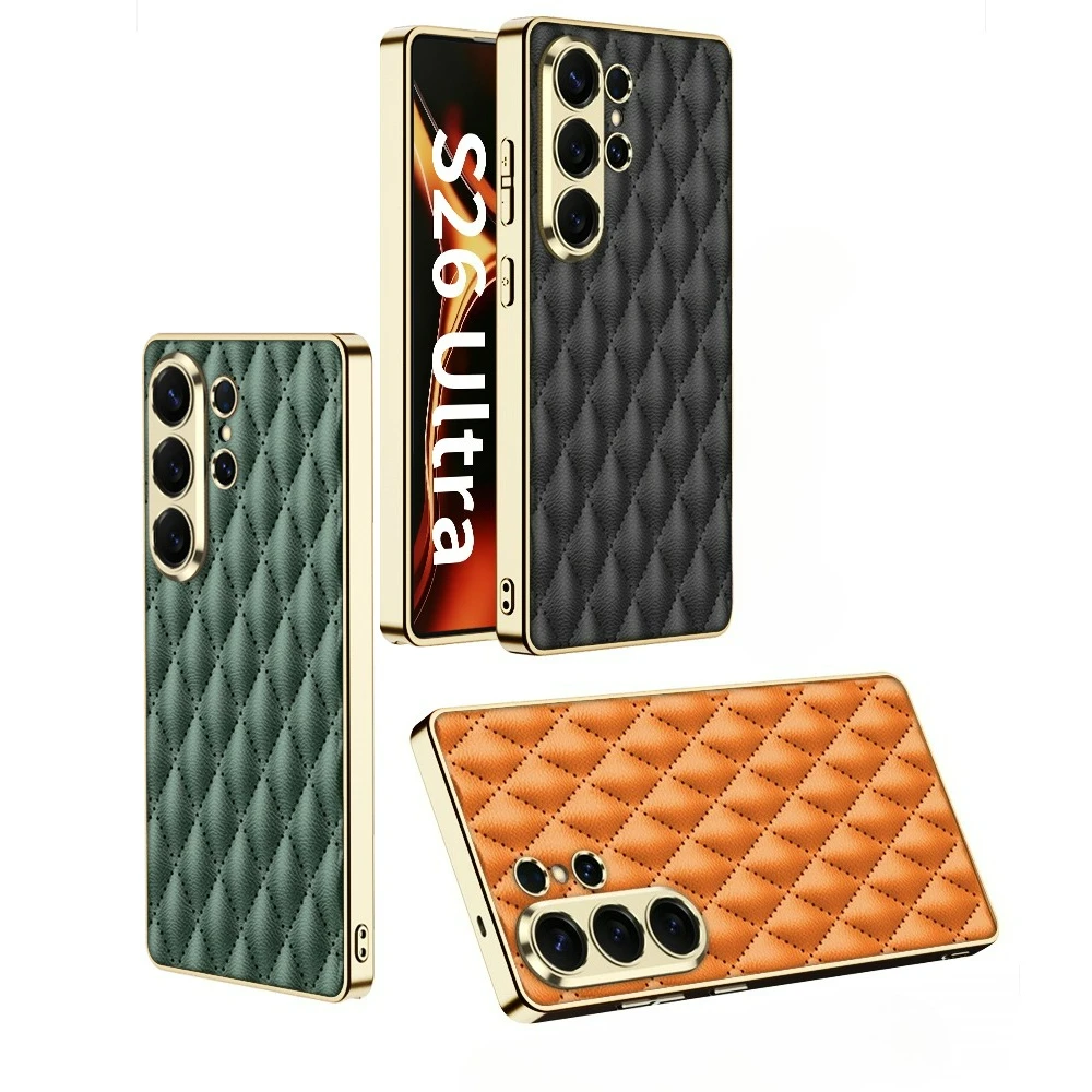 Ultra-Thin Electroplated Gold Border Frosted Leather Pattern Case with Diamond Grid Design