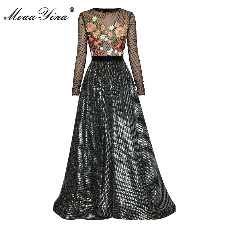 

MoaaYina Designer Fashion Summer Long sleeve polka dot Flower Embroidery Party Dress Black Lady Luxury Glitter Sequin Dress 2023