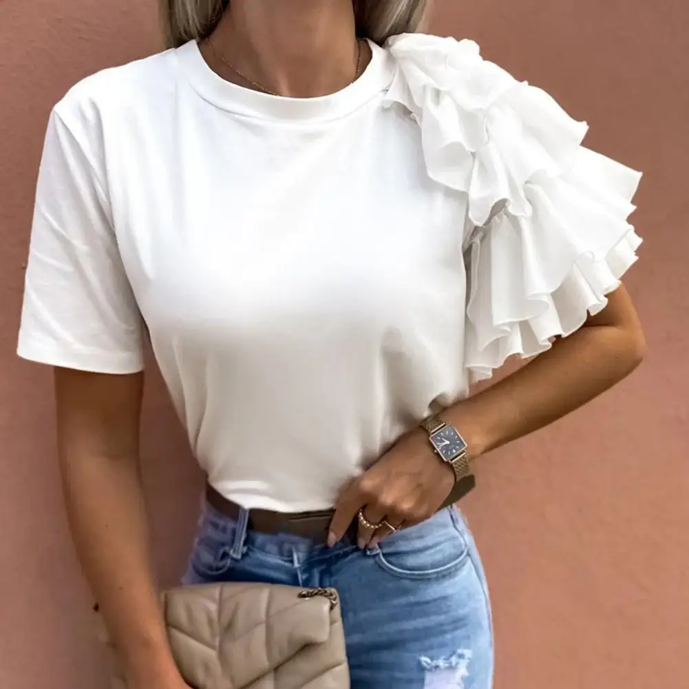 Women Blouses Pleats T-shirts  Summer Elegant Layered Ruffle Short Sleeve Asymmetric Loose Falbala Sleeve Pullover stranger thin