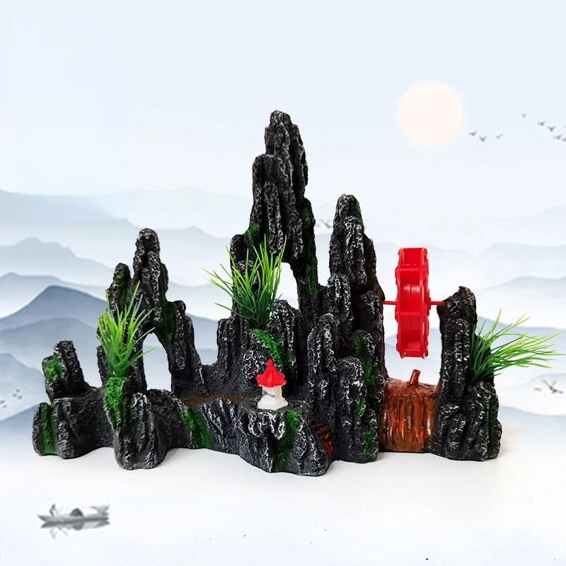 

Fish tank landscaping resin rockery aquarium decoration simulation water plant rockery Windmill water wheel pneumatic ornaments
