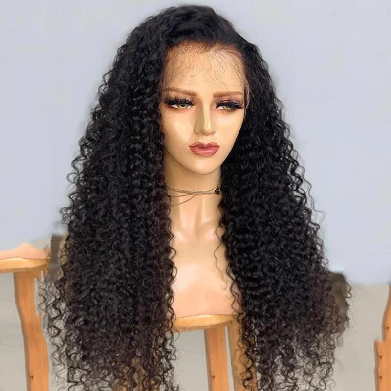 

Preplucked Black Color Soft Glueless 26Inch Long 180% Density Kinky Curly Deep Lace Front Wig For Women With BabyHair Daily