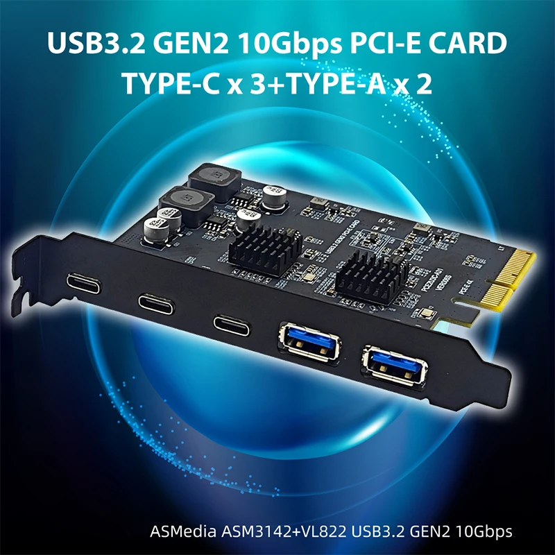 

NEW PCI Express X4 to 3 Port Type C + 2 Port USB3.2 Gen2 10Gbps Adapter ASM3142 + VL822 Chip PCIE USB Expansion Card USB 3.2 HUB