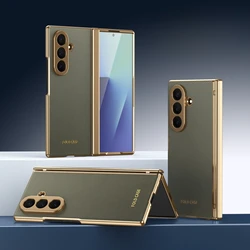 Luxury Electroplated Frame Leather Case with Screen Protector and Hinge Protection - Galaxy Z Fold 7 (Brown Gray)