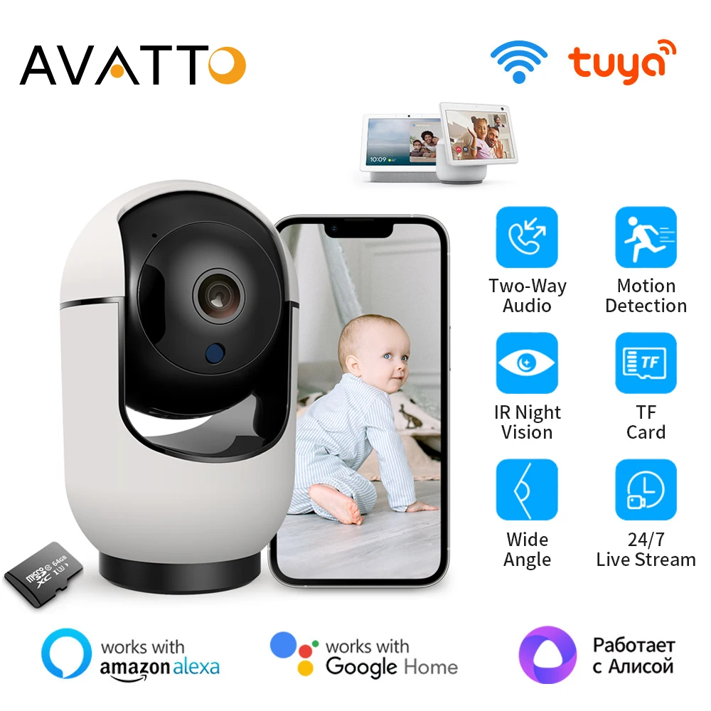 

AVATTO Tuya IP WiFi Camera Wireless Surveillance Camera Baby Monitor 2MP 1080P Auto CCTV HD Camera Tracking Cloud AI Smart Home