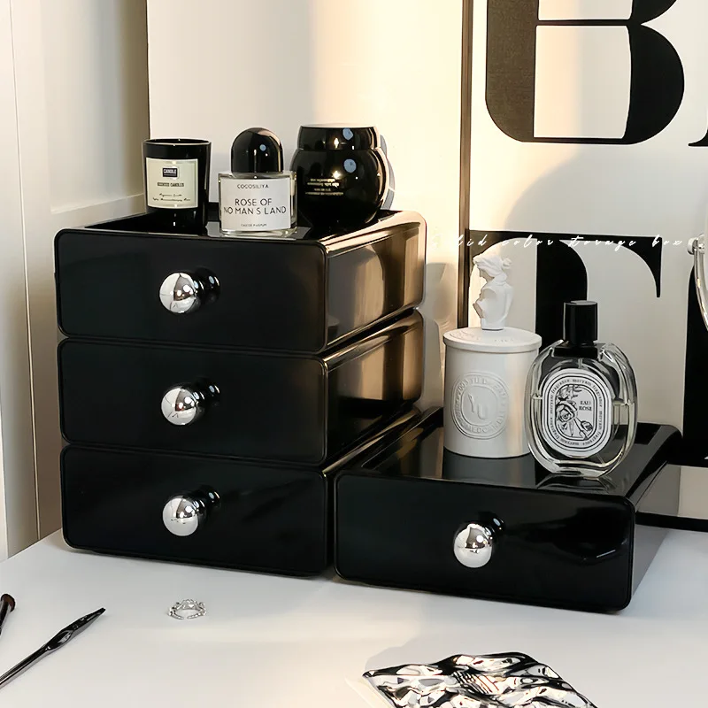 INS Black Desktop Storage Box Drawer Type Storage Organizer Box Dormitory Office Table Shelf For Stationery Sundries Jewelry
