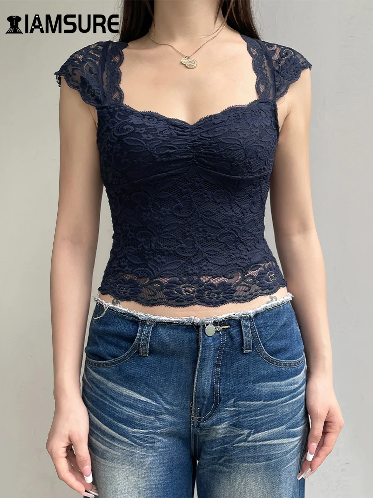 

IAMSURE Casual Slim Lace Cropped T Shirt Holiday See Through Square Collar Short Sleeve Tees Women Summer Fashion Streetwear