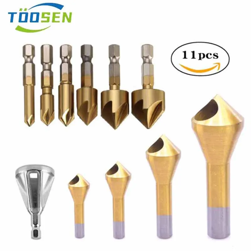 11Pcs High Speed Steel Chamfering Knife Tool Suit Hexagonal Handle Chamfer Bit Deburring Inclined Hole Locate Suit Wood Tools 1 5 6 5mm twist drill bits hss hexagonal shank high speed steel electric screwdriver drill bit electric drill for aluminum wood