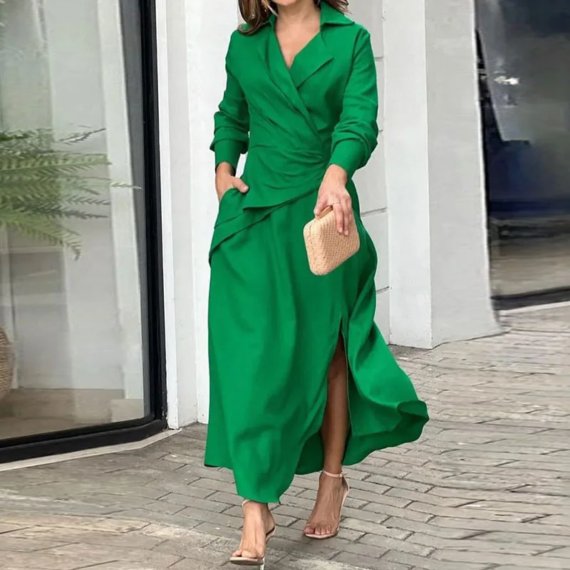 New Fall Women's Clothing Fashion Casual Solid Color and V-neck Split Long Sleeve Shirt Dress Gzxizhi skmy women clothing autumn winter new arrivals solid color high split floor length dress long sleeve sexy nightclub v neck dress