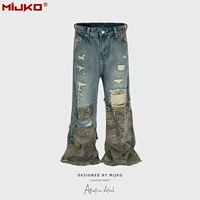 MIJKO Jeans Men's and Women's Camouflage Patchwork Washed Hole Design Jeans 2025ss 1