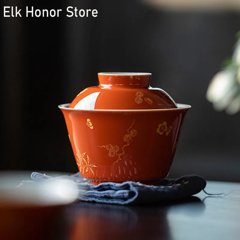 

110 мл старинная железная красная глазурь керамический гайвань Boutique Бронзирующая Слива бамбук сосновая искусство чайная миска Gwian Kung Fu с крышкой