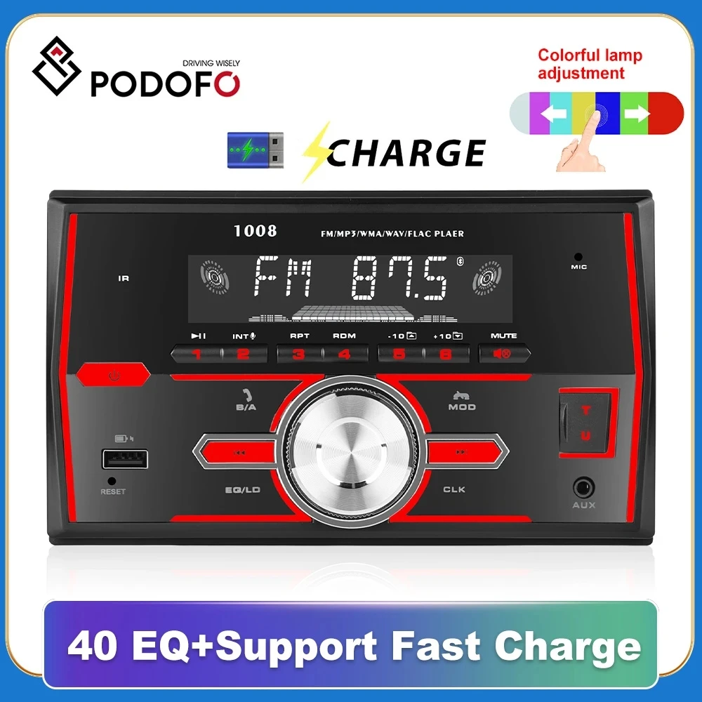 Podofo 2Din Autoradio Lettore Stereo Lettore Mp3 Bluetooth Digitale Audio Fm 12V Musica Stereo Usb/Sd Eq