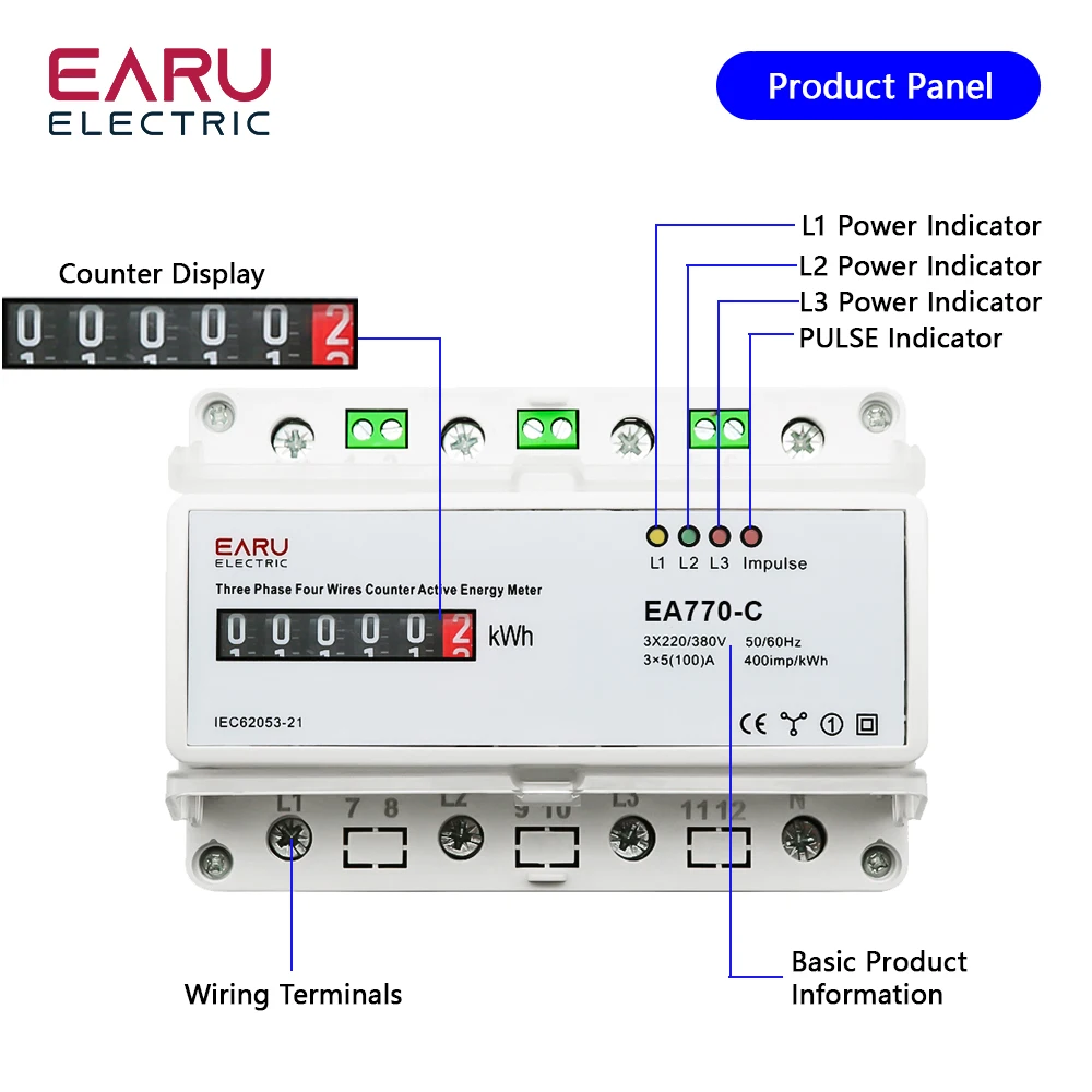 3*220V/380V Three Phase Four Wires Eelectronic Active Energy Meter kWh Power Con