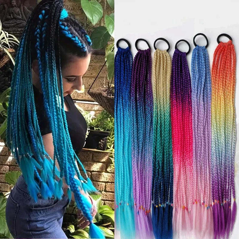 Synthetic Ponytail 24Inch Braided Hair Extension Elastic Rubber Band Braiding For Girl Women