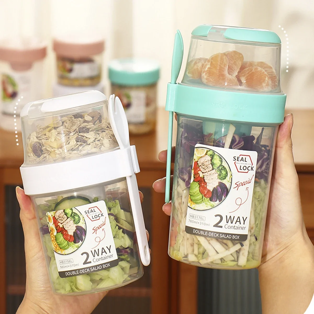 Double-layer Oats Container Breakfast On the Go Cups with Lid and Spoon Portable Yogurt Nut Oatmeal Container Jar for Students